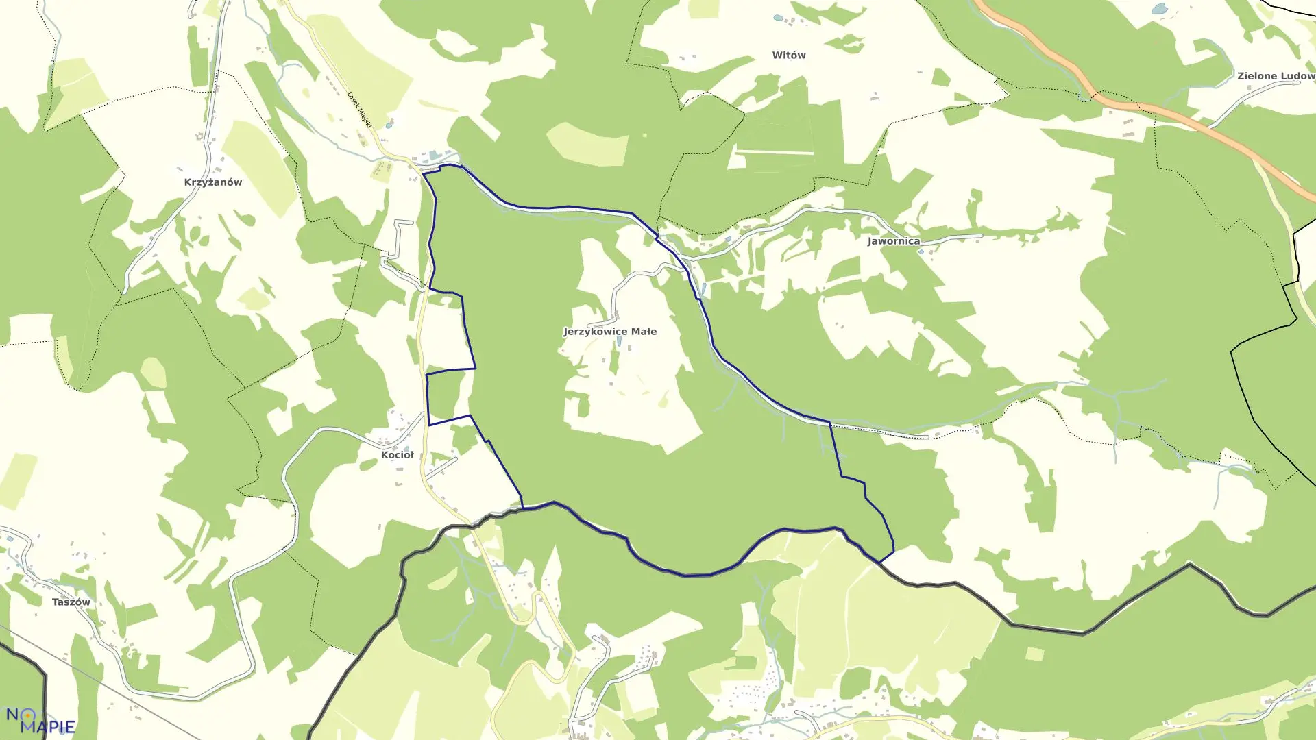 Mapa obrębu Jerzykowice Małe w gminie Lewin Kłodzki